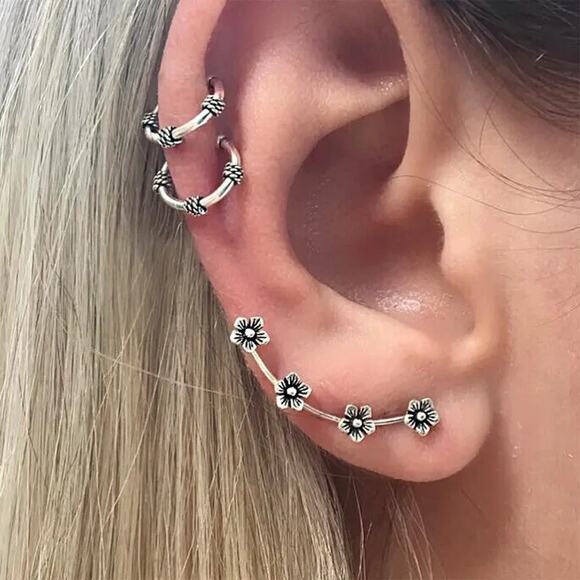4185 NIP Silvertone Three-Piece Plum Blossom Design Double Hoop Cuff Earring Set - Picture 1 of 2